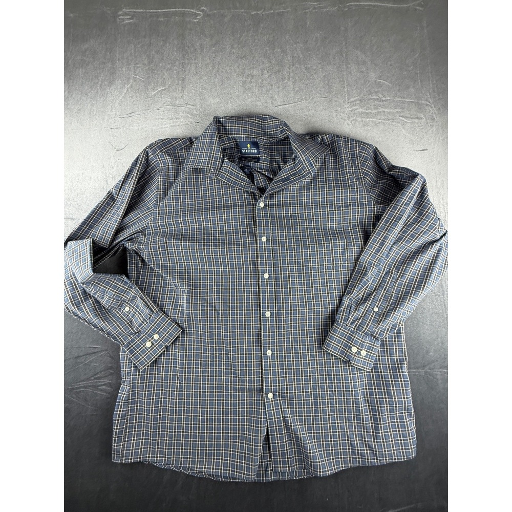 Stafford Travel Mens Blue Brown Plaid Broadcloth Shirt Regular Fit 17 34-35 L